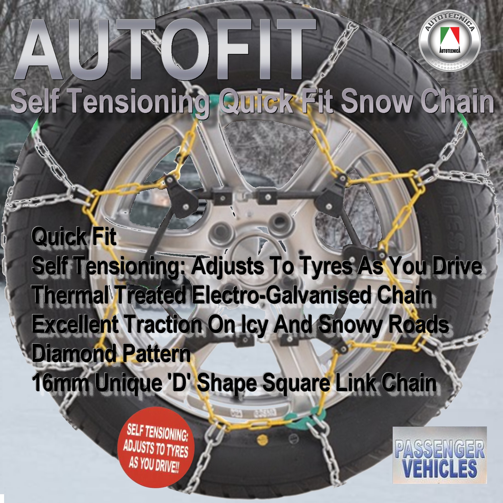 SNOW CHAINS CAR 14 15 16 17" WHEELS AUTOTECNICA CAR 195/65R15 to 245