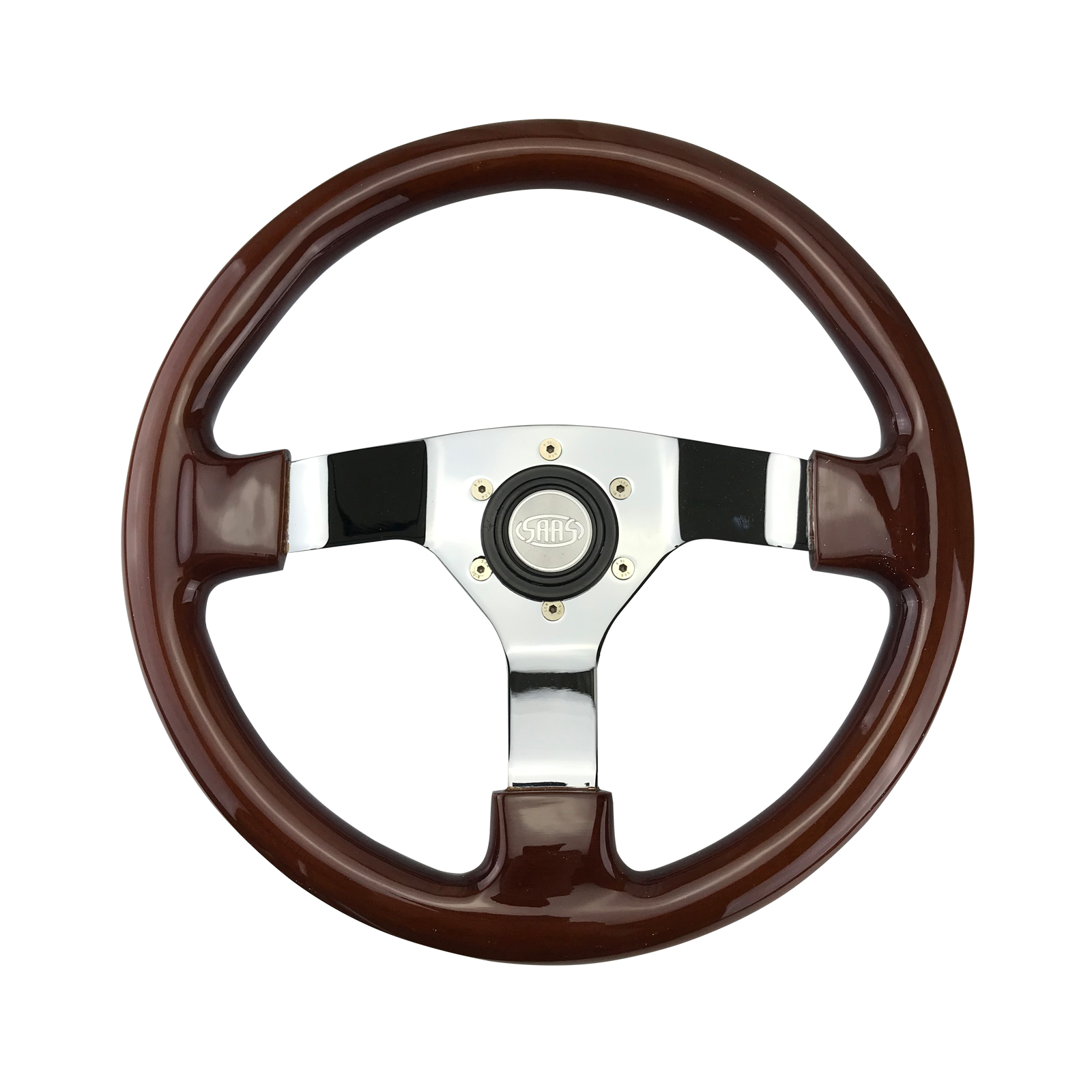 SAAS SPORTS STEERING WHEEL 350MM WOODGRAIN CHROME SOLID SPOKES Runout