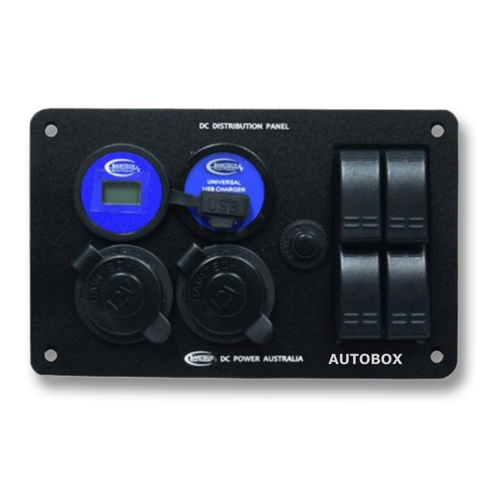 black 12 volt distribution power panel voltmeter usb 2x socket covers with lights