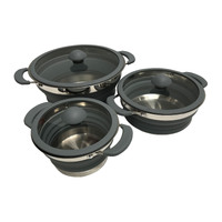 Caravan Collapsible Pot Set of 3 Silicone Stainless Steel Grey Saucepan RV Boat