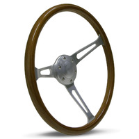 SAAS Classic Retro Wood Steering Wheel 380mm Deep Dish 15in Brushed Alloy Slots