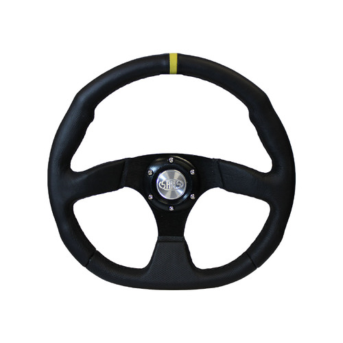 SAAS Steering Wheel Black Leather + Spokes 14in 350mm Flat Bottom w/ Indicator