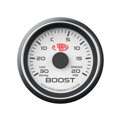 SAAS 30 In-Hg to 20 psi Turbo Boost Gauge 52mm White Dial Face WRX XR6T GTI S15