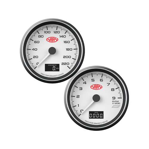 SAAS Speedometer 0-220 kph and Tachometer 0-9000 Rpm 3 1/2" 89mm White In Dash