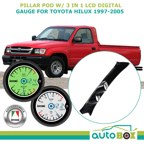 Dual Pillar Pod Holder w/ 3 in 1 LCD Digital Gauge suit Toyota Hilux 1997-2005