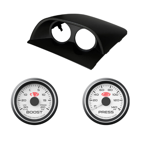SAAS Black Dual Gauge Pod w/ White Turbo Boost & Oil Pressure Holden VY VZ Commodore