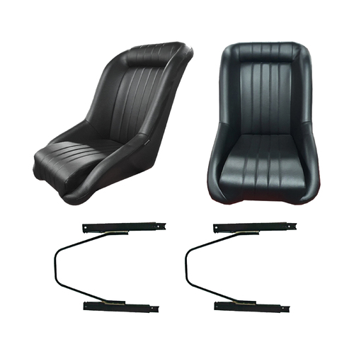 Black PU Leather Low Back Sports Bucket Seats w/ Rails Classic Car or Boat 
