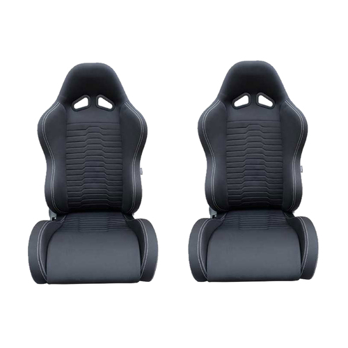 Autotecnica Sports Bucket Seats Pair (2) Black Cloth w/ Racing Harness Slots