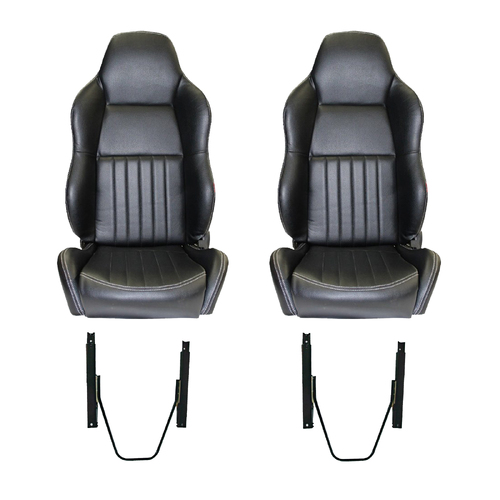 Autotecnica PU Leather Sports Bucket Seats Pair - With Universal Seat Slides New