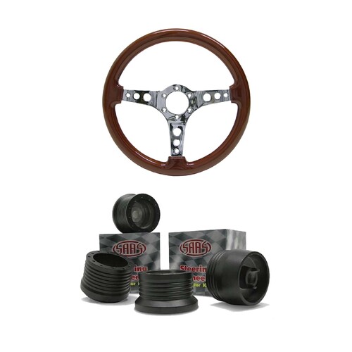 SAAS LOGANO SPORTS STEERING WHEEL 350MM WOODGRAIN CHROME + VR Commodore BOSS KIT