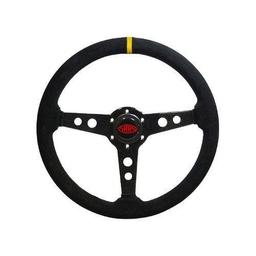 SAAS Soft Suede Retro Black Sports Steering Wheel Black Spokes 350mm Indicator
