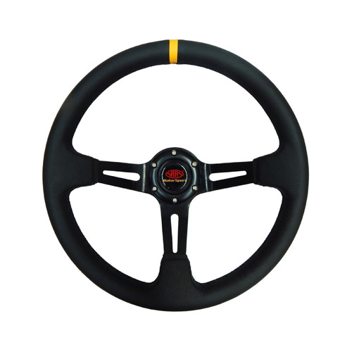 SAAS Leather Sports Steering Wheel 350MM Black Slotted Spokes Deep Dish 