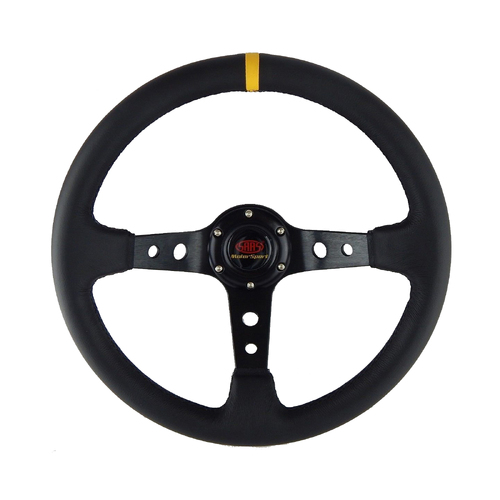 SAAS Leather GT Sports Steering Wheel 350MM Black Spokes Deep Dish 